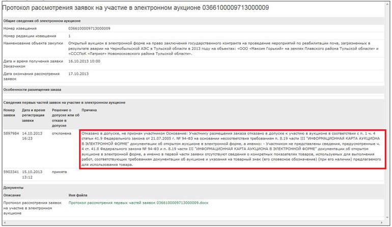 Образец отклонения заявки по 44 фз